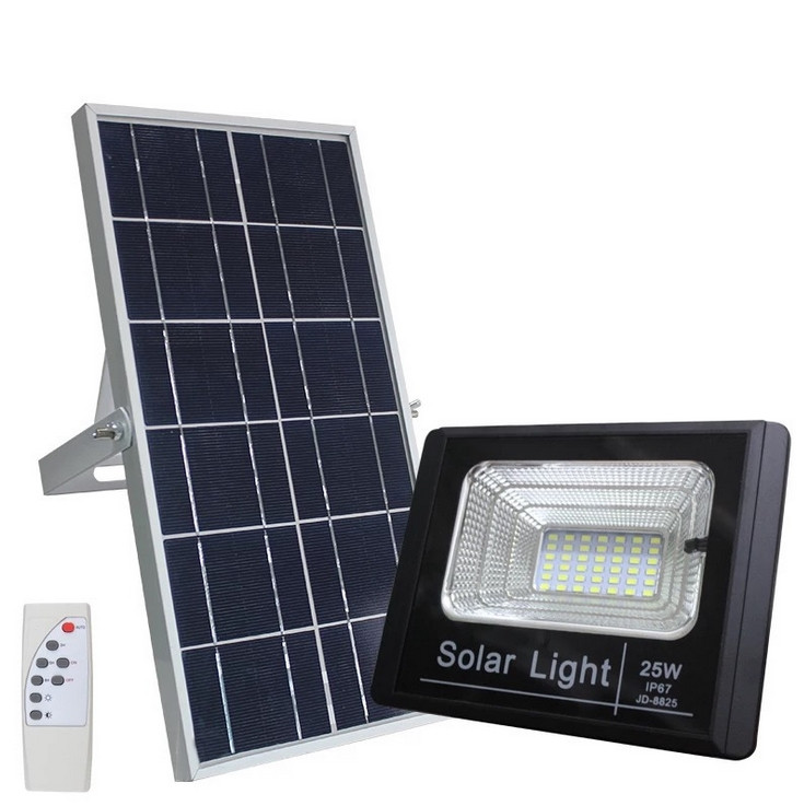 25Watt Dusk to Dawn Solar Powered Light Control Garden LED Floodlight with Timing ON/OFF Remote Controller IP67 for Outdoor Use